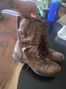 Brown Lace-Up Combat Boots - Women's Fashion Boots